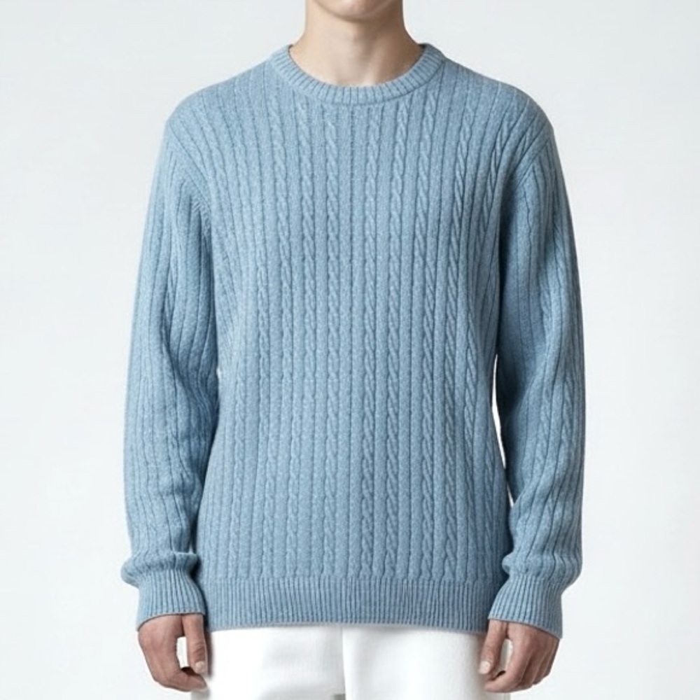 Men’s Vintage‎ Silk Cable knit Sweater Size L Blue Lightweight Crewneck Soft